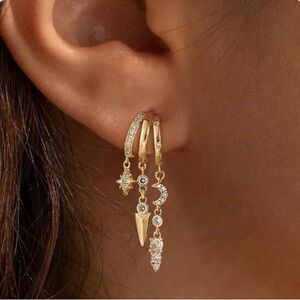 NEW 14k Gold Plated Triple Huggie Stud Earrings Dainty Drop Earrings